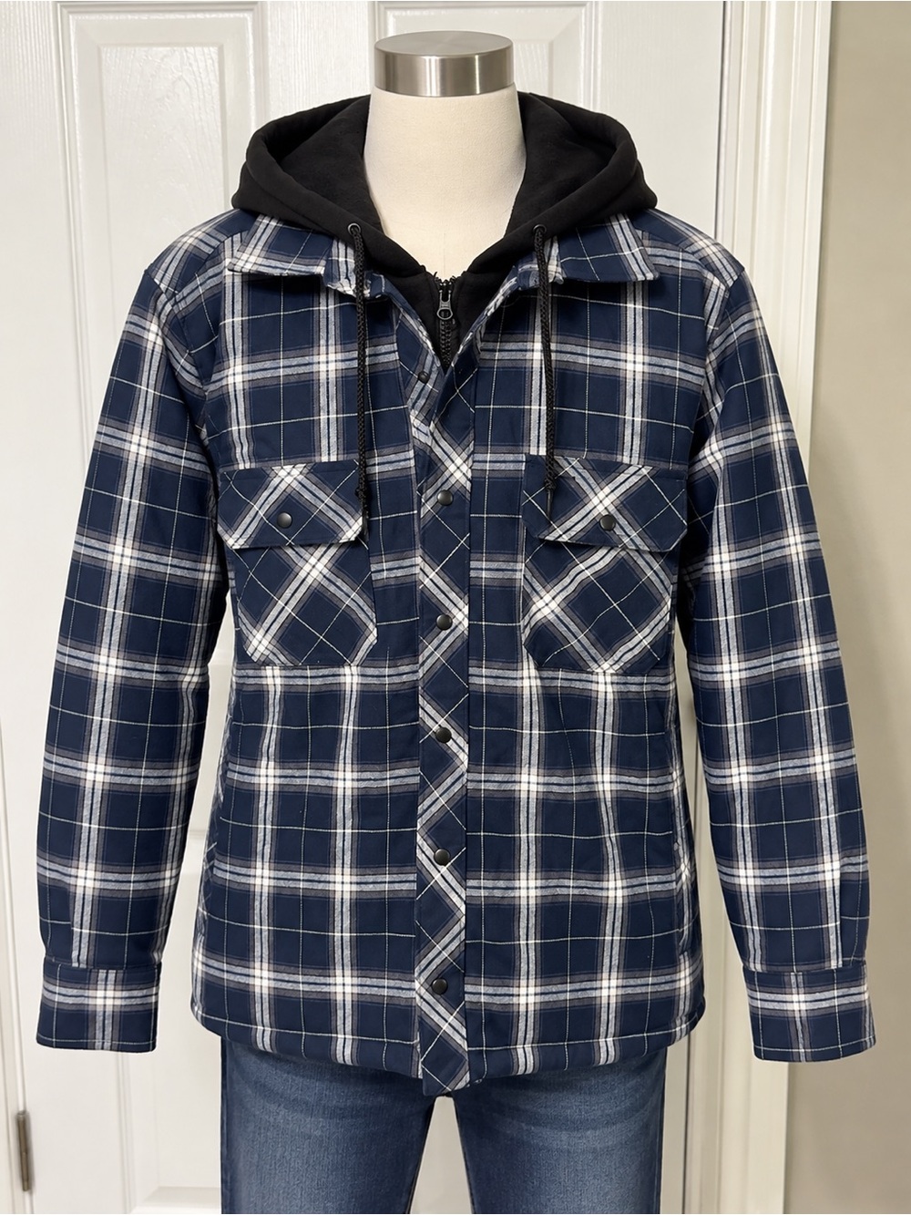 BC Clothing Men's Navy Plaid Hooded Flannel Jacket - Layered Look